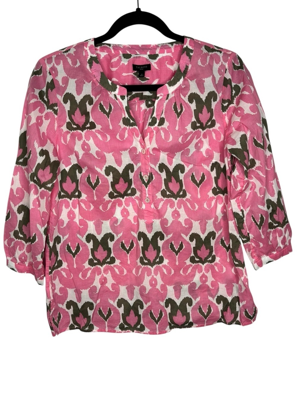 Talbots Women’s Cotton Popover 3/4 Sleeve Blouse Casual Spring Pink Gray Size Sp